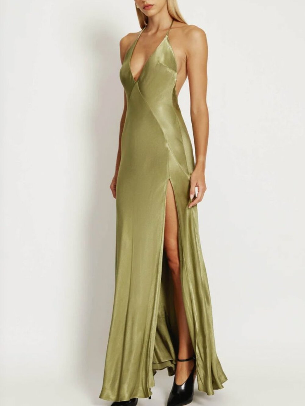BEST Bardot Yve Halter Maxi Dress M/L Khaki Green Cocktail Party